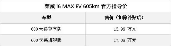 荣威i6 MAX EV 605km官方指导价